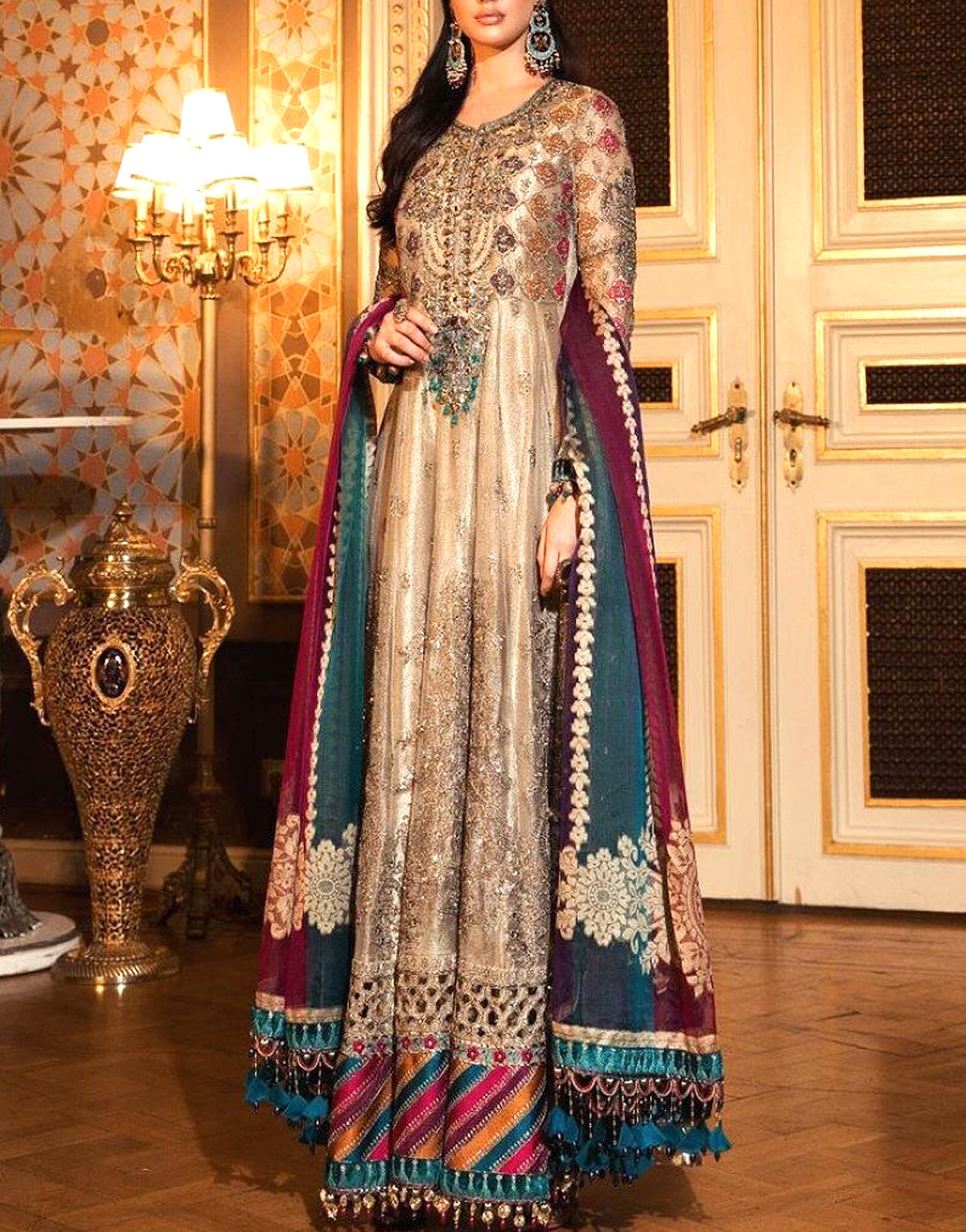 Heavy Embroidered Net Maxi Dress with Chiffon Dupatta - Out of Stock