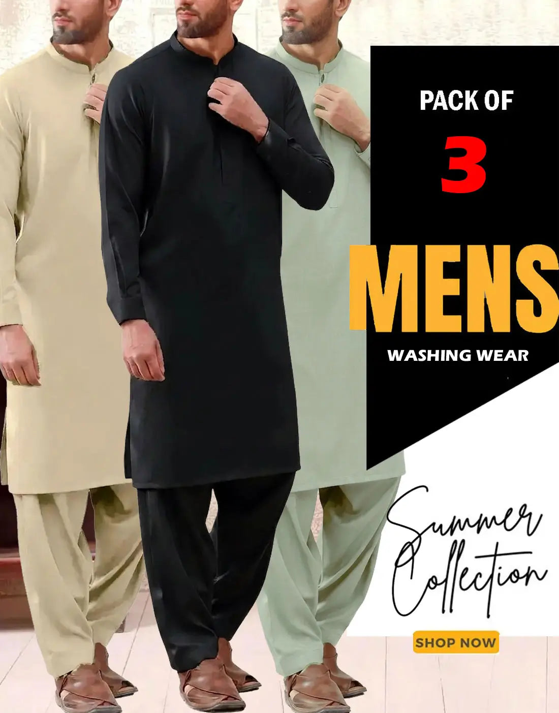 Wholesale Pack of 3 Italian Boski Wash & Wear Men's Shalwar Kameez Suits - Ideal for Gifting on EID & Ramadan