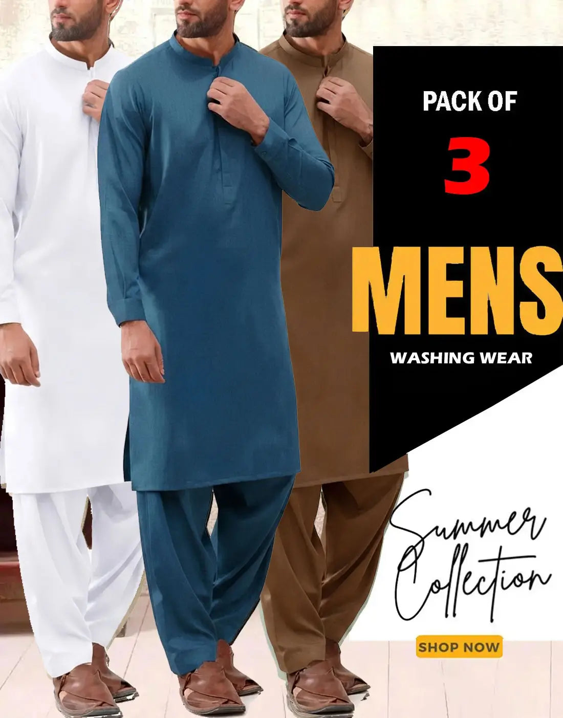 Wholesale Pack of 3 Italian Boski Wash & Wear Men's Shalwar Kameez Suits - Ideal for Gifting on EID & Ramadan