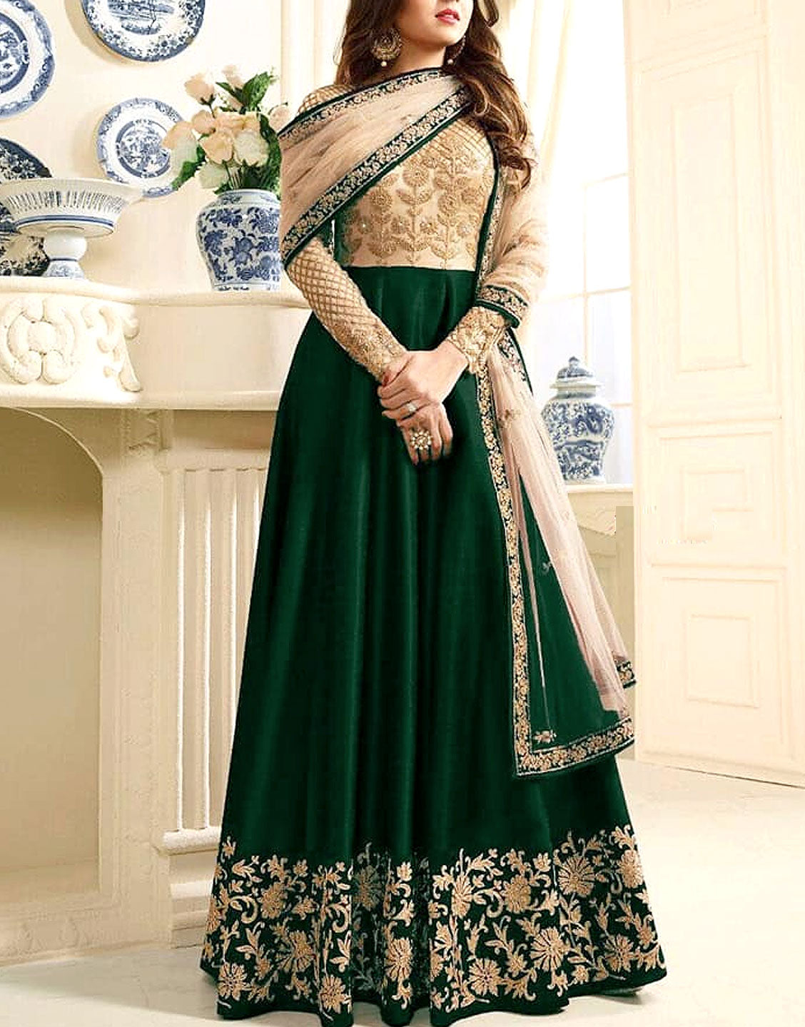 Indian Embroidered GREEN Chiffon Maxi Dress