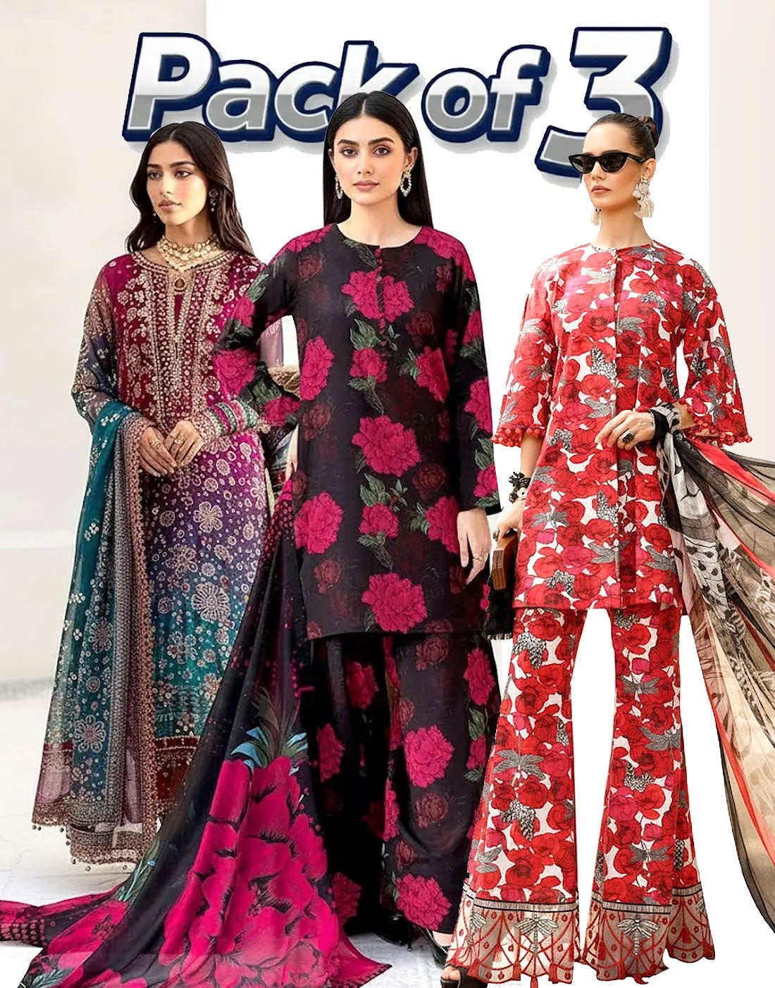 Bundle of 3 Embroidered 3-Piece Lawn Suits Wholesale