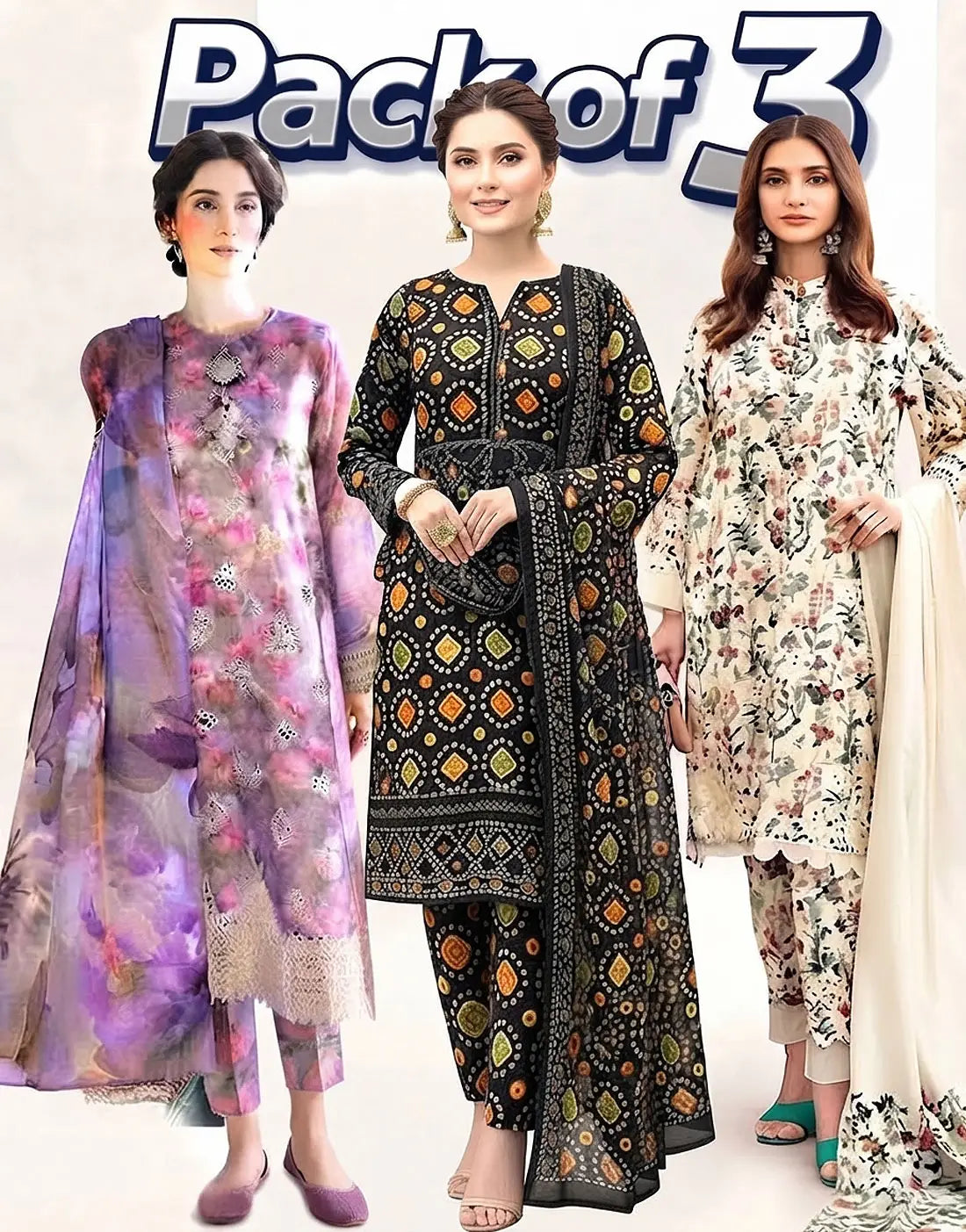 Bundle of 3 Embroidered 3-Piece Lawn Suits Wholesale