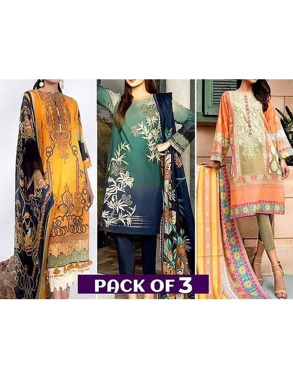 Pack of 3 Embroidered Lawn Suits Wholesale