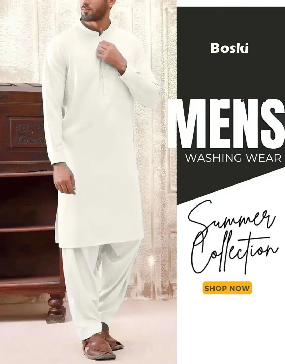Italian Boski Light Cream Wash & Wear Men’s Shalwar Kameez – Unstitched Formal & Eid Suit