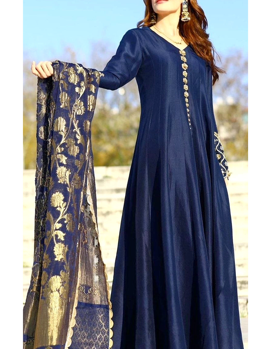 Adorable Mirror Work & Embroidered Shamoz Silk Maxi Dress with Jacquard Dupatta