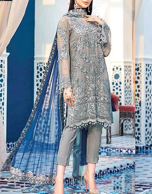 Heavy Embroidered Grey Net Wedding Dress 