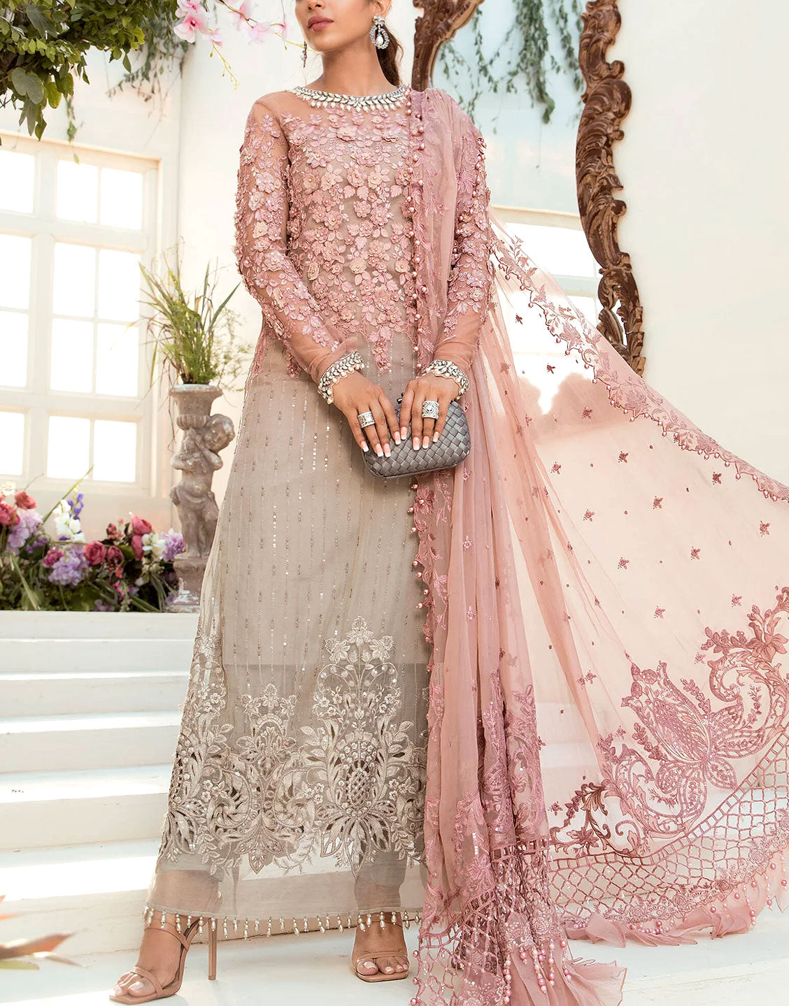 3D & Handwork Heavy Embroidered Ombre Style Chiffon Wedding Dress 2024