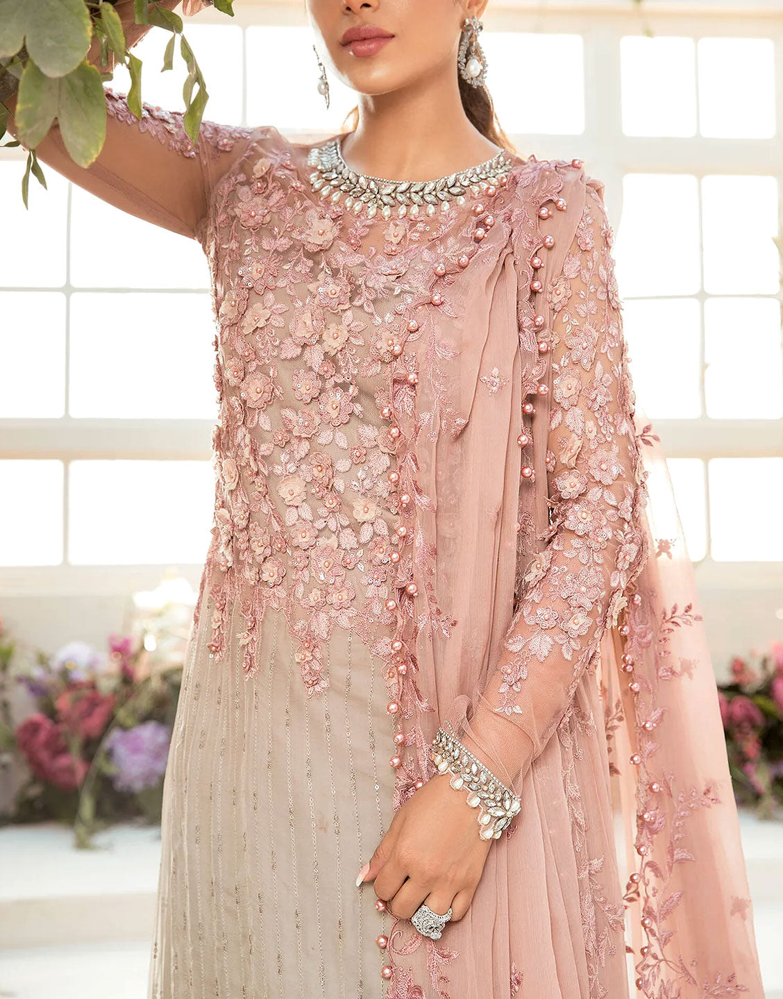 3D & Handwork Heavy Embroidered Ombre Style Chiffon Wedding Dress