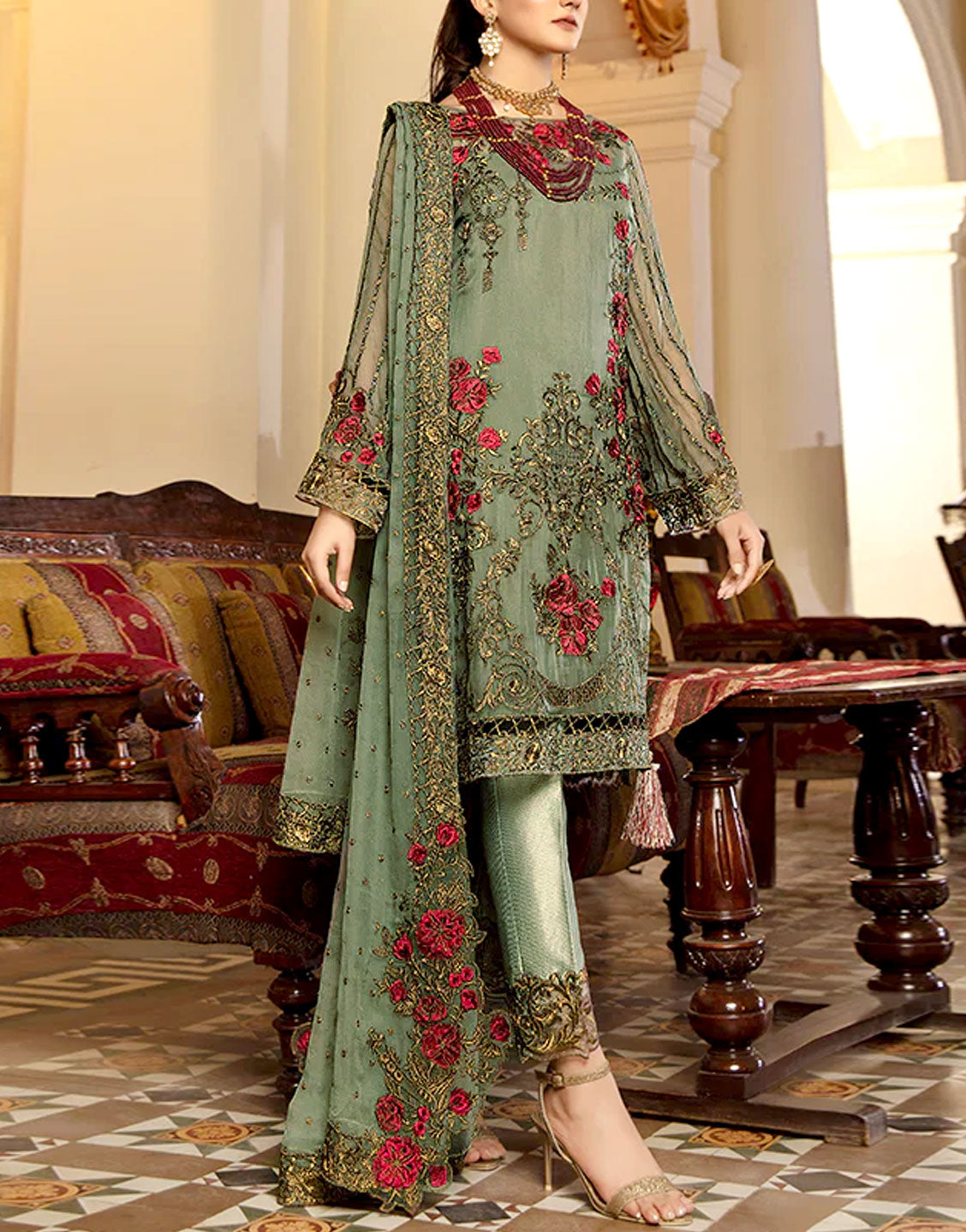 3D & Handwork Embroidered Chiffon Party Wear Dress 