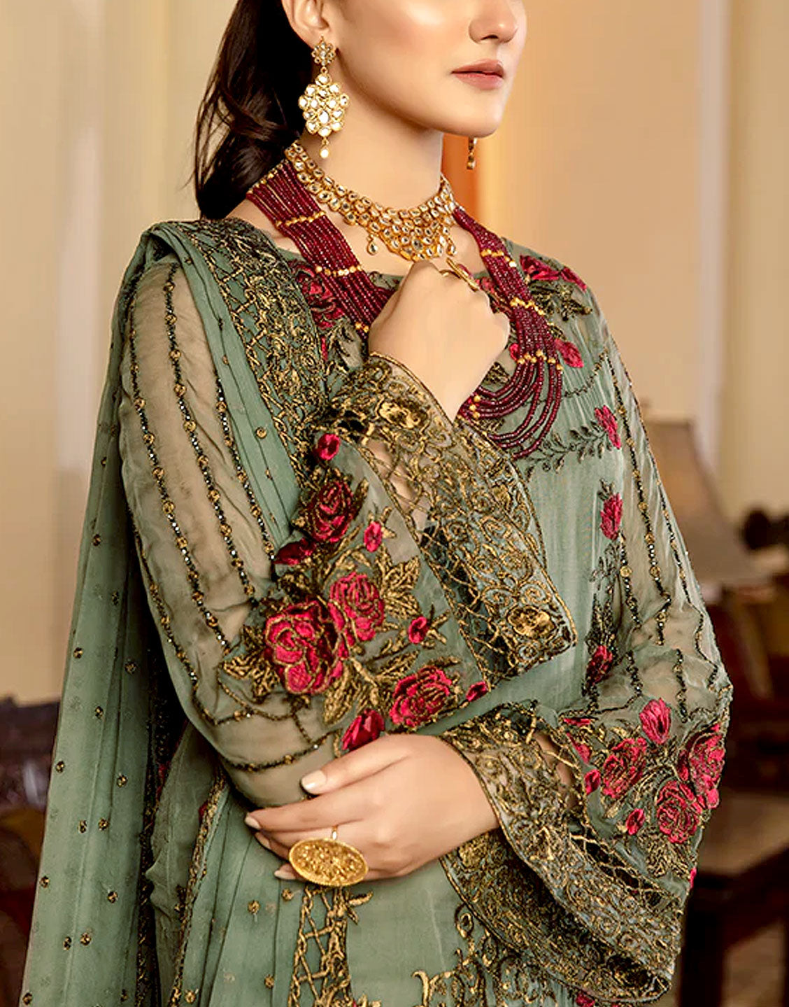 3D & Handwork Embroidered Chiffon Party Wear Dress
