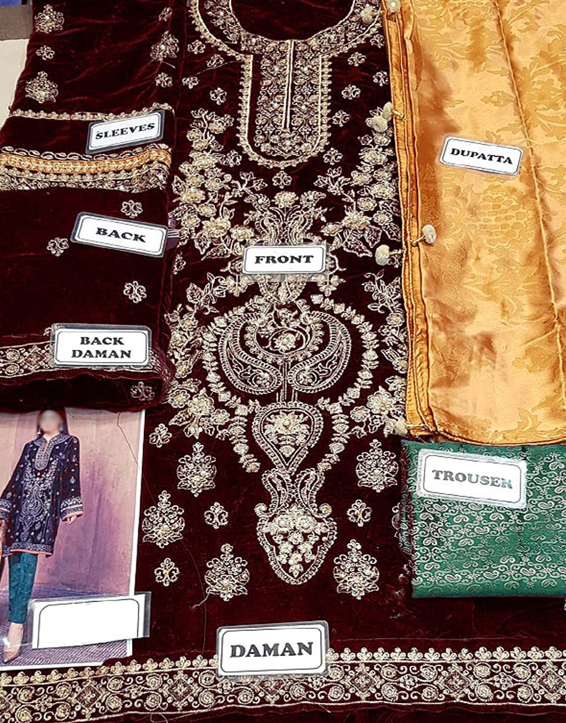 Heavy Embroidered Velvet Party Wear Dress with Jamawar Trouser
