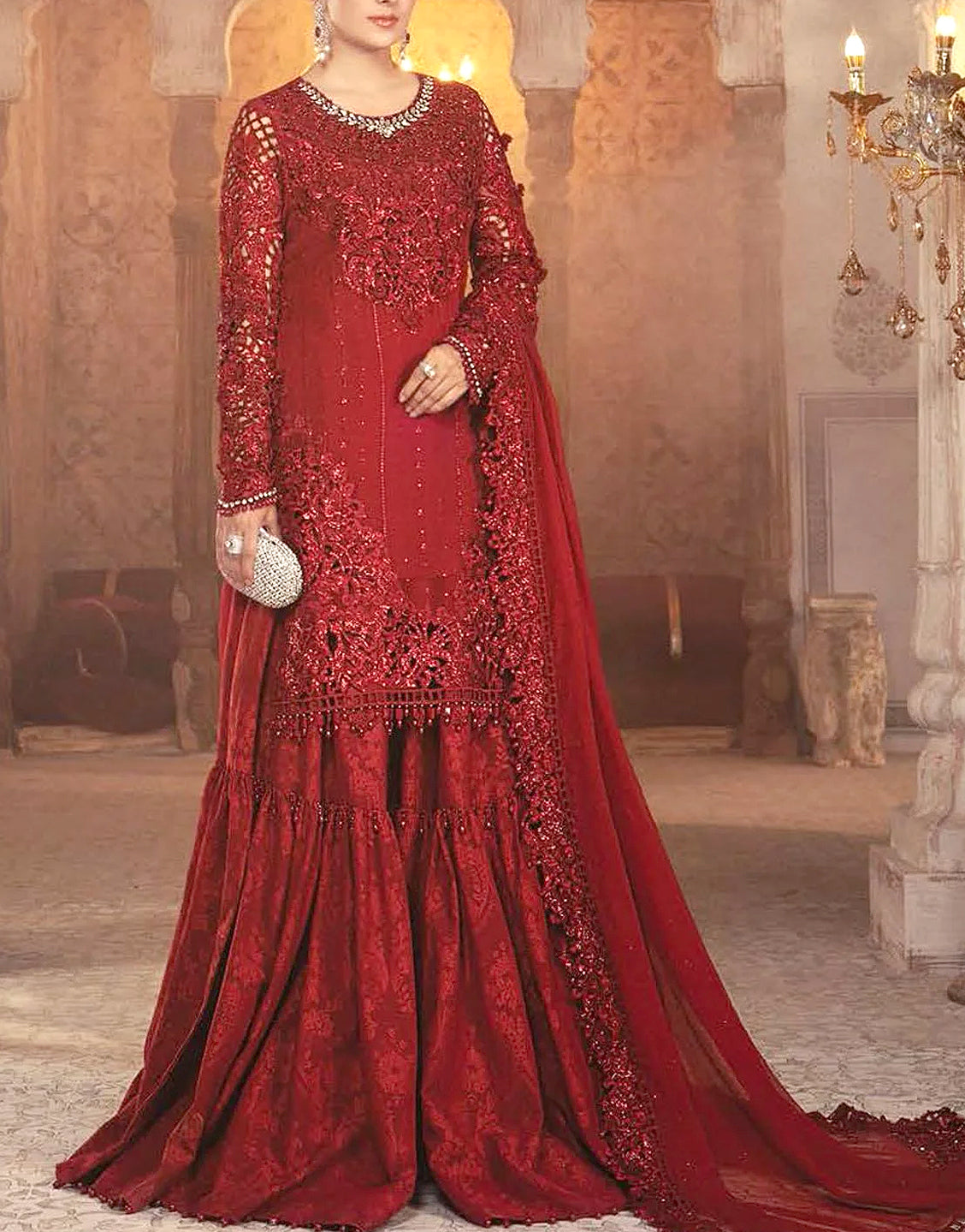 Heavy Embroidered with Cutwork Red Chiffon Wedding Dress 