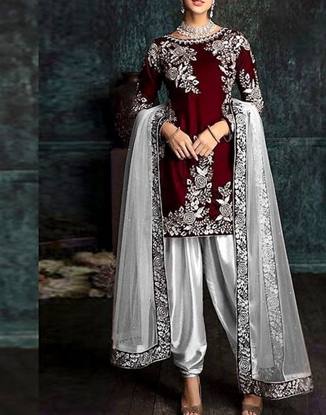 Fancy Embroidered Maroon Silk Party Wear Suit 