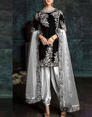 Fancy Embroidered Black Silk Party Wear Dress 