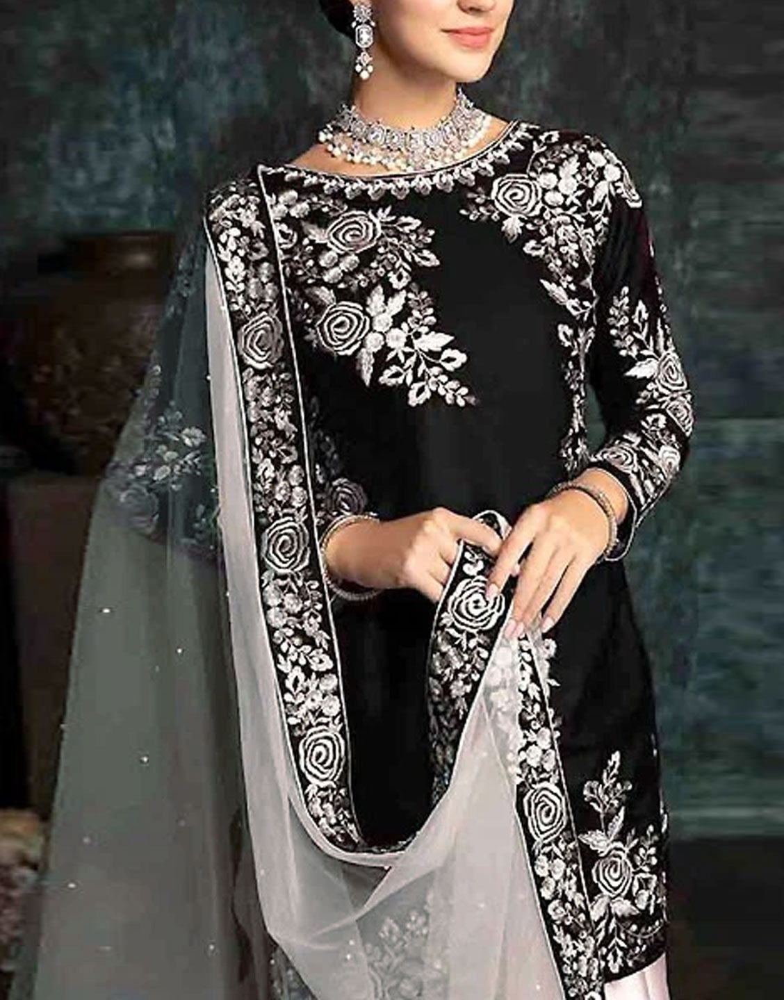 Fancy Embroidered Black Silk Party Wear Dress