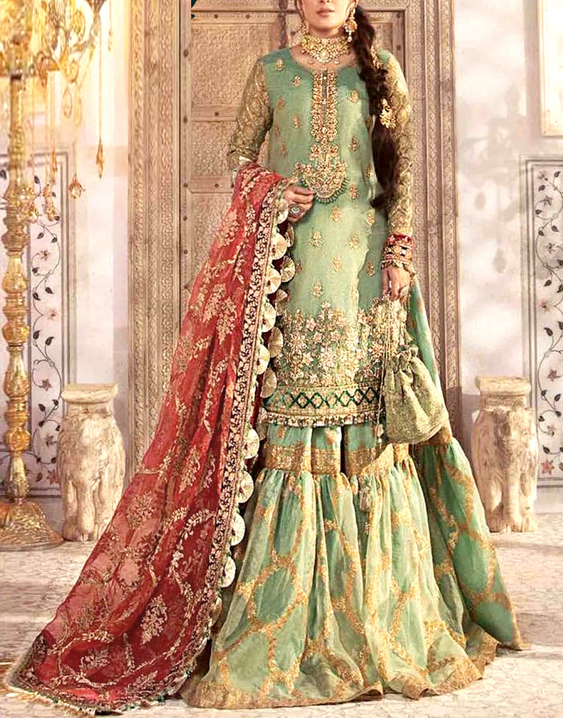Glamorous Embroidered Masoori Bridal Dress with Embroidered Organza Dupatta