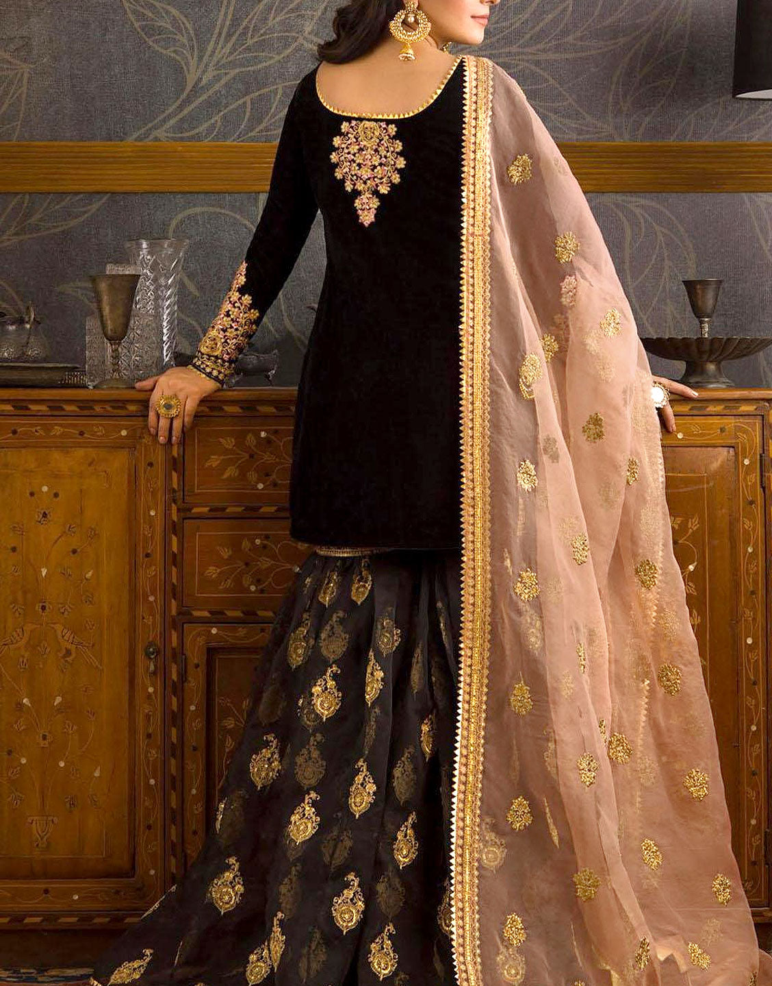 Graceful Embroidered Black Chiffon Party Wear Dress with Organza Dupatta