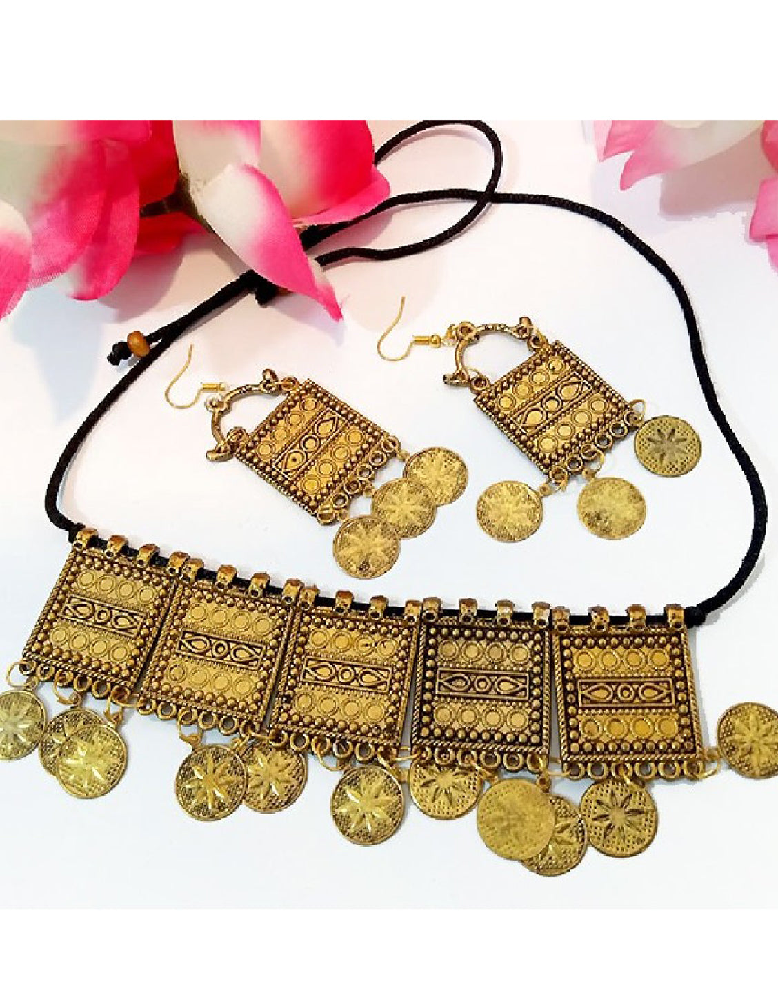 Antique Afghani Coin Choker Necklace with Earrings