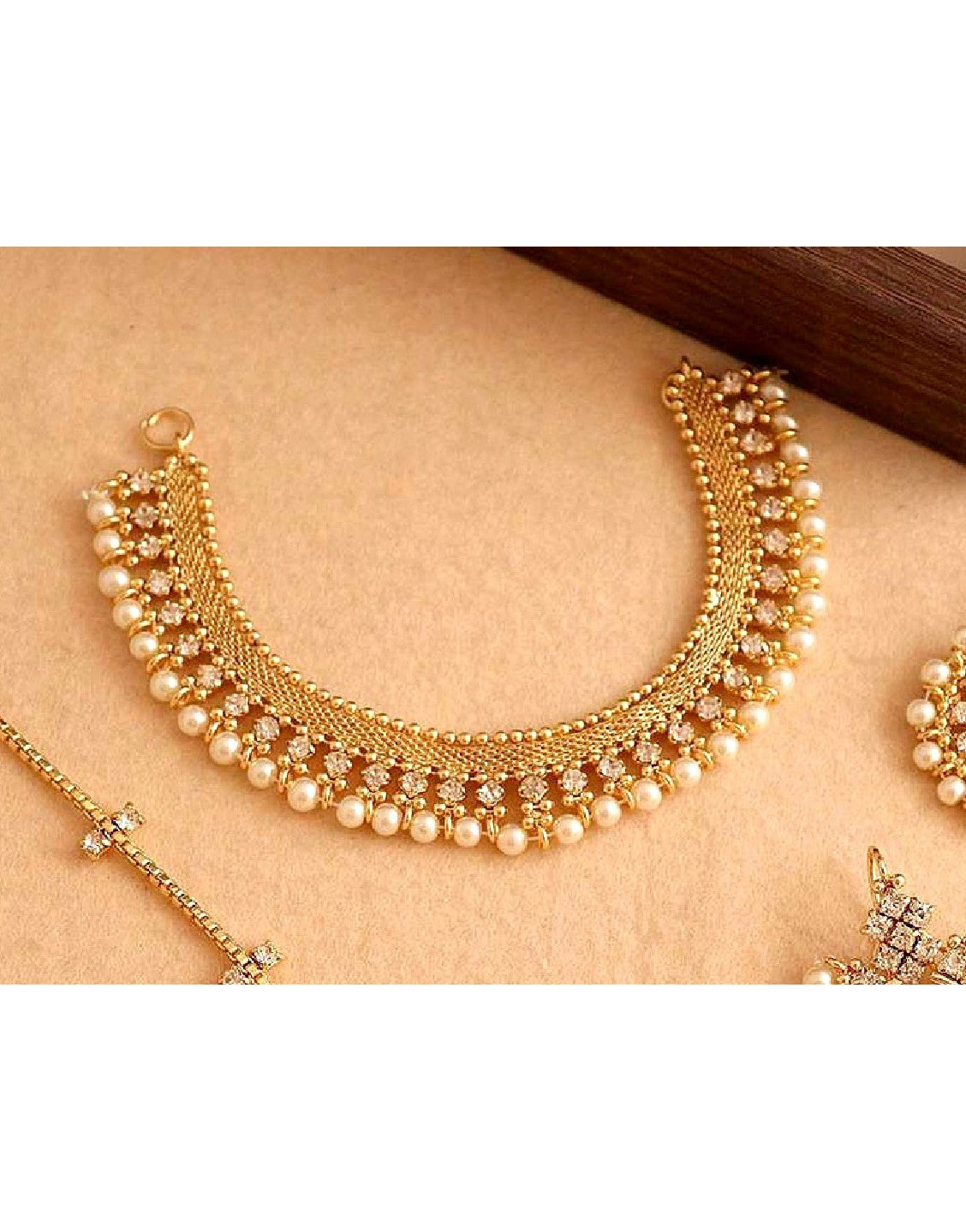 Elegant Pearl Golden Jewelry Set with Earrings & Tikka - Out of Stock