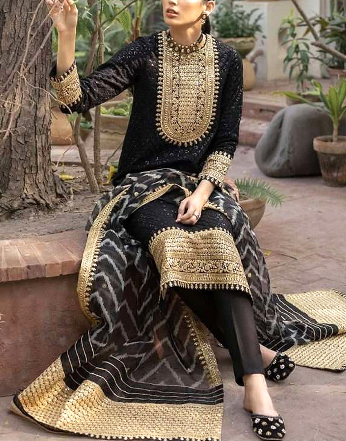Heavy Embroidered Black Chiffon Party Wear Dress