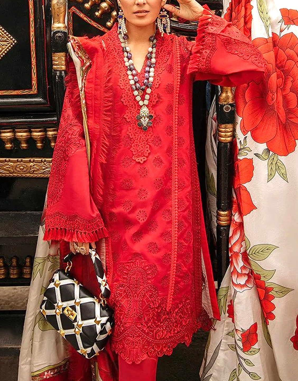 Luxury Schiffli Embroidered Lawn Dress with Digital Print Silk Dupatta - Out of Stock