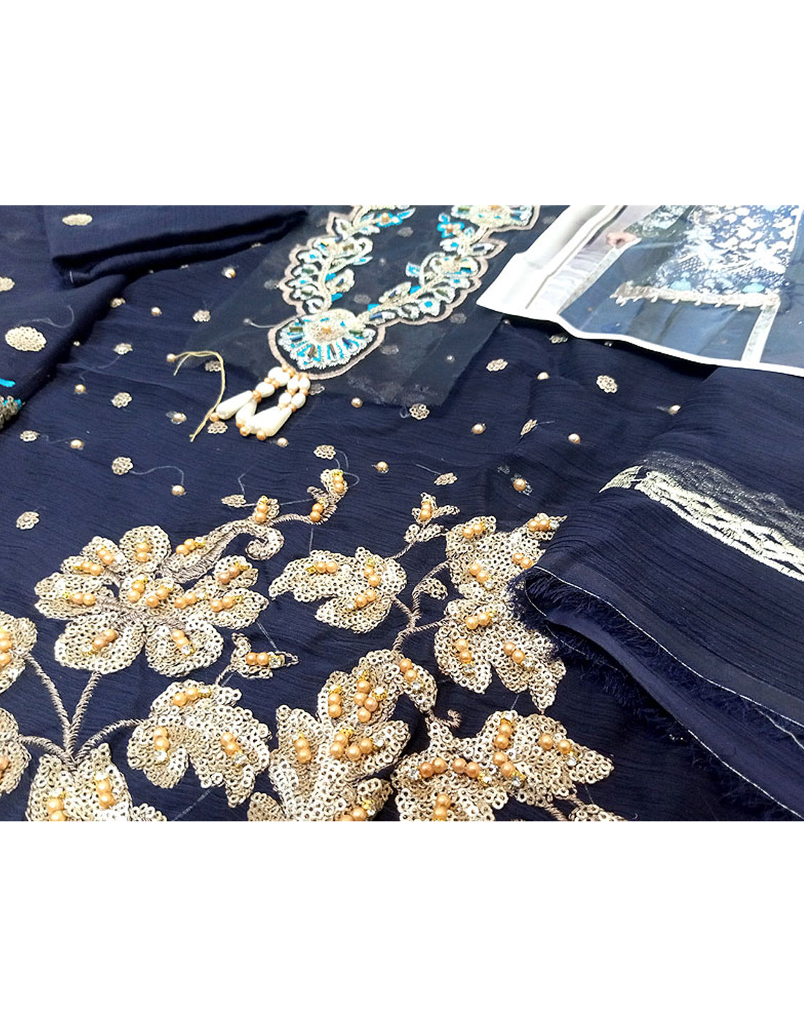 Heavy Embroidered with Handwork Navy Blue Chiffon Wedding Dress