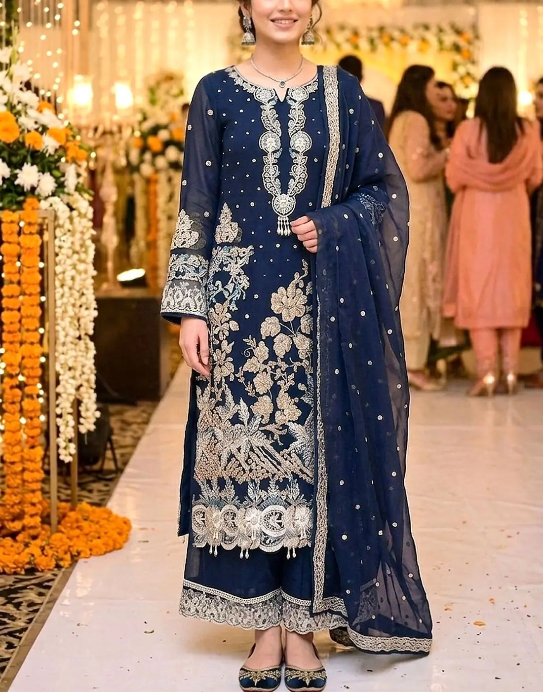 Hand Embellished & Heavy Embroidered Chiffon Wedding Dress with Emb. Chiffon Dupatta