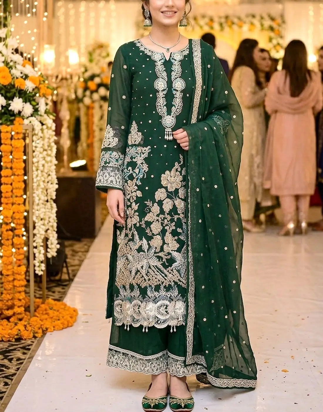 Hand Embellished & Heavy Embroidered Chiffon Wedding Dress with Emb. Chiffon Dupatta