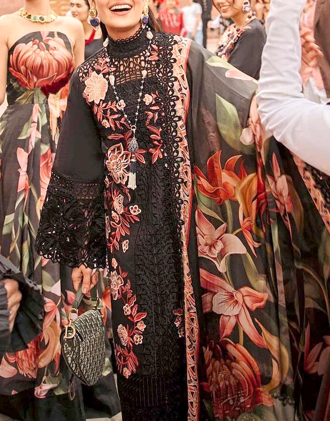 Luxury Schiffli Embroidered Black Lawn Dress with Digital Print Silk Dupatta - Out of Stock