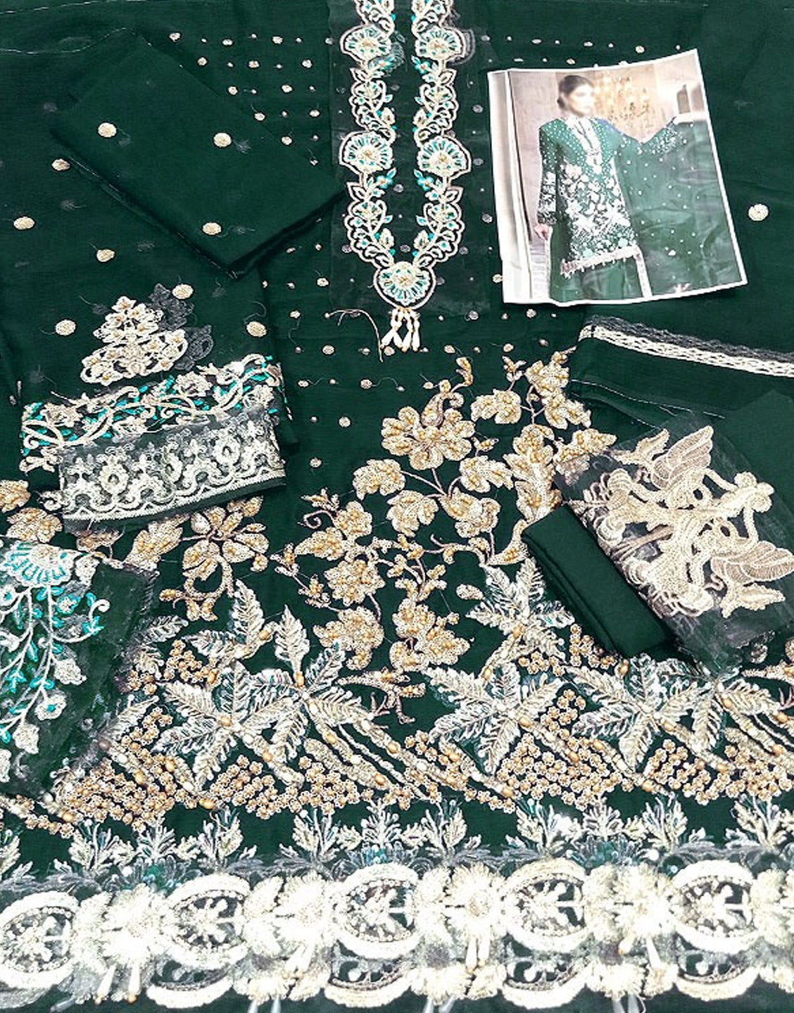 Heavy Embroidered with Handwork Bottle Green Chiffon Wedding Dress
