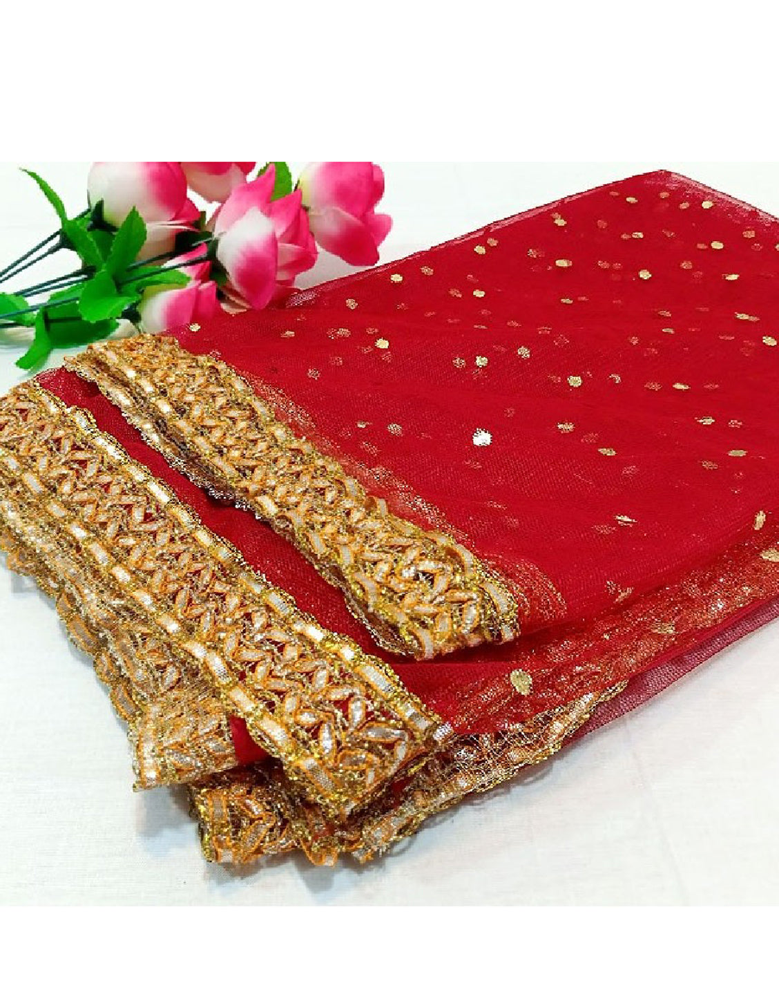 Gota Lace Net Dupatta - Red