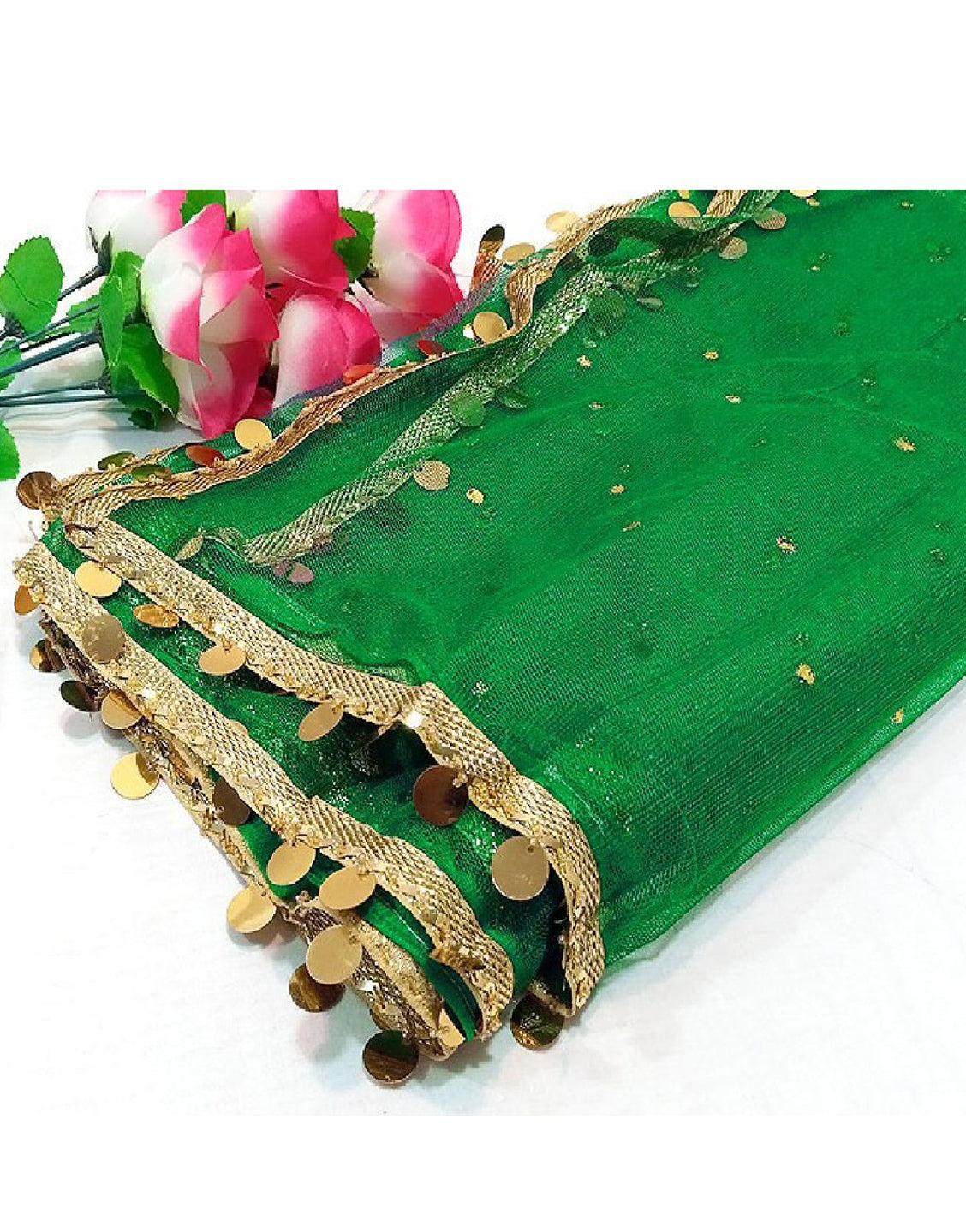 Fancy Coin Lace Net Dupatta - Green