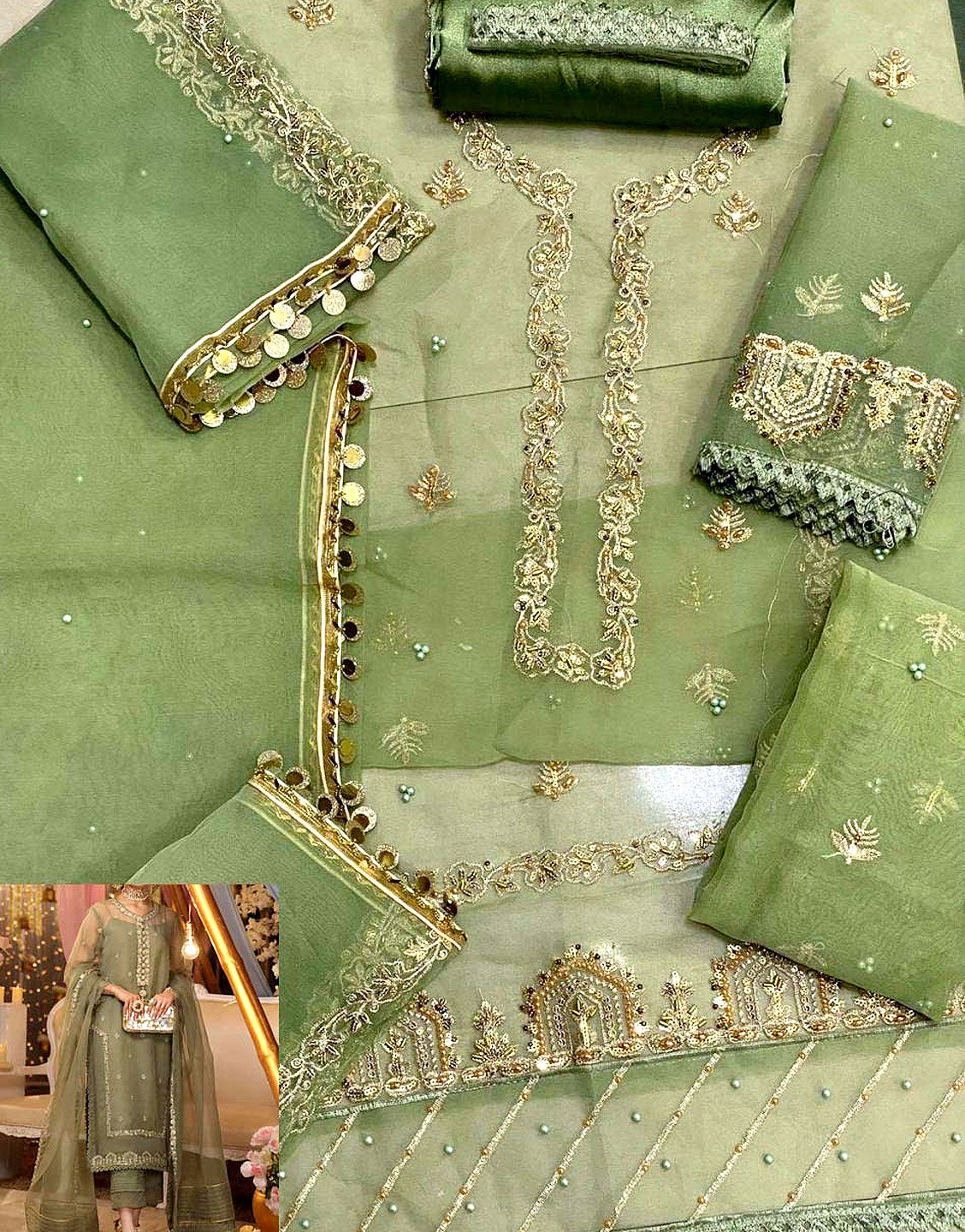 Handwork Embroidered Organza Party Wear Dress with Inner - Out of Stock