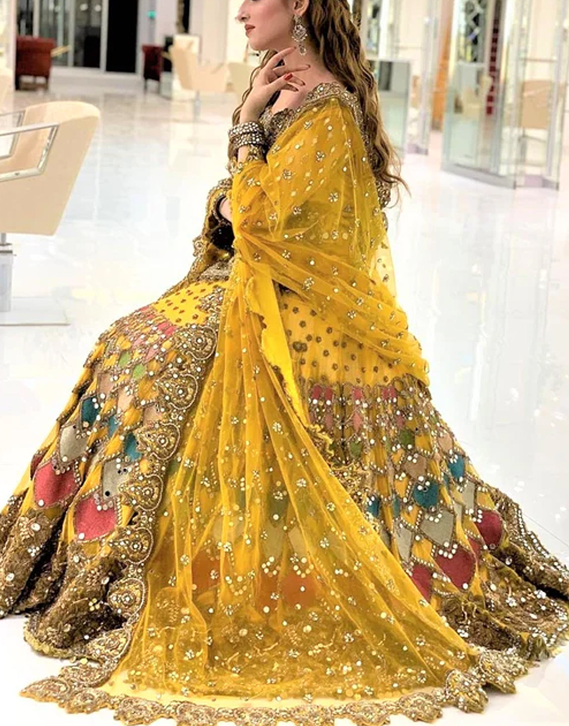 Luxury Mirror & Handwork Heavy Embroidered Net Bridal Lehenga Dress 
