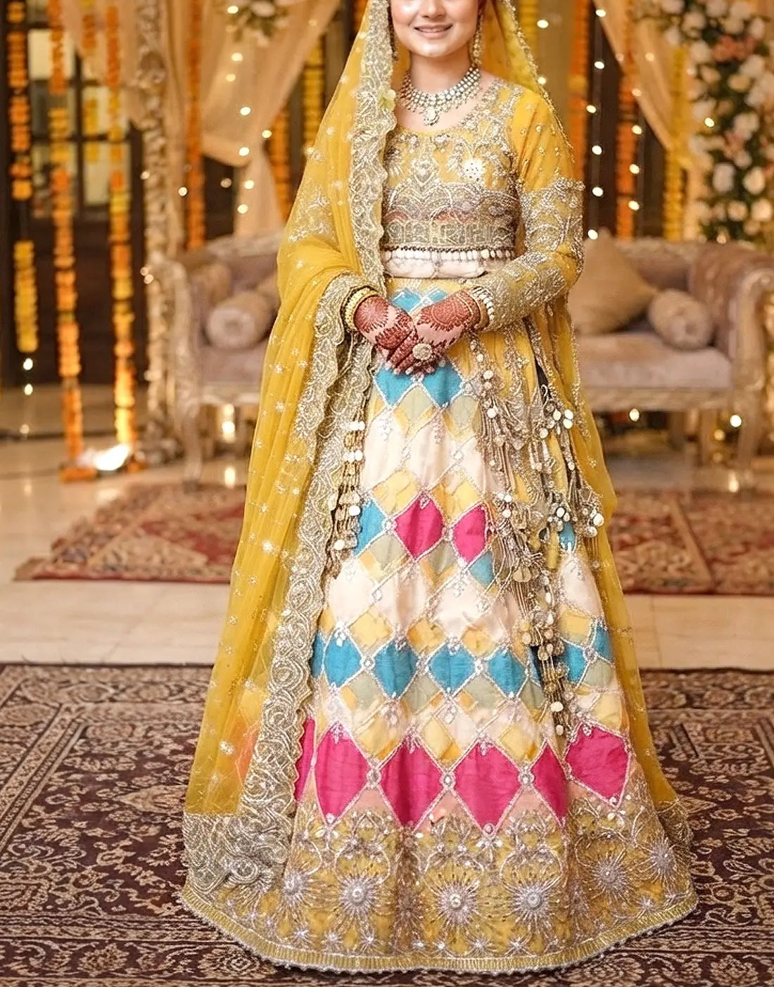 Luxury Mirror Work & Hand Embroidered Yellow Net Bridal Lehenga Dress for Mayun & Mehndi Events