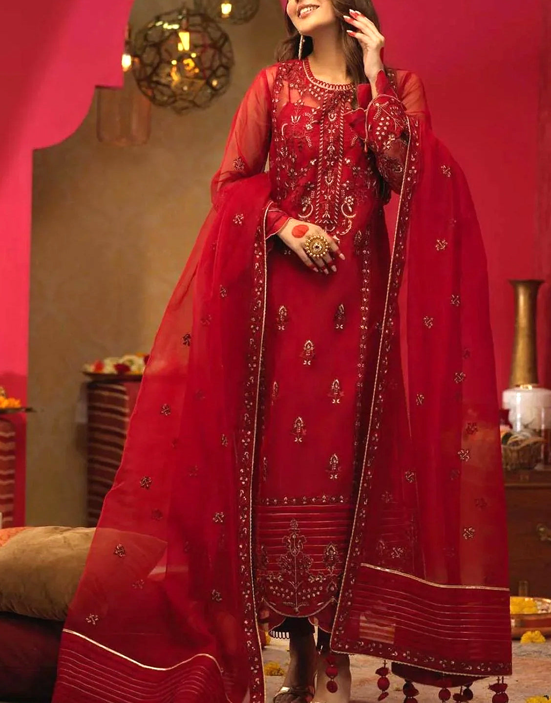 Handwork Heavy Embroidered Organza Wedding Dress with Inner - Out of Stock