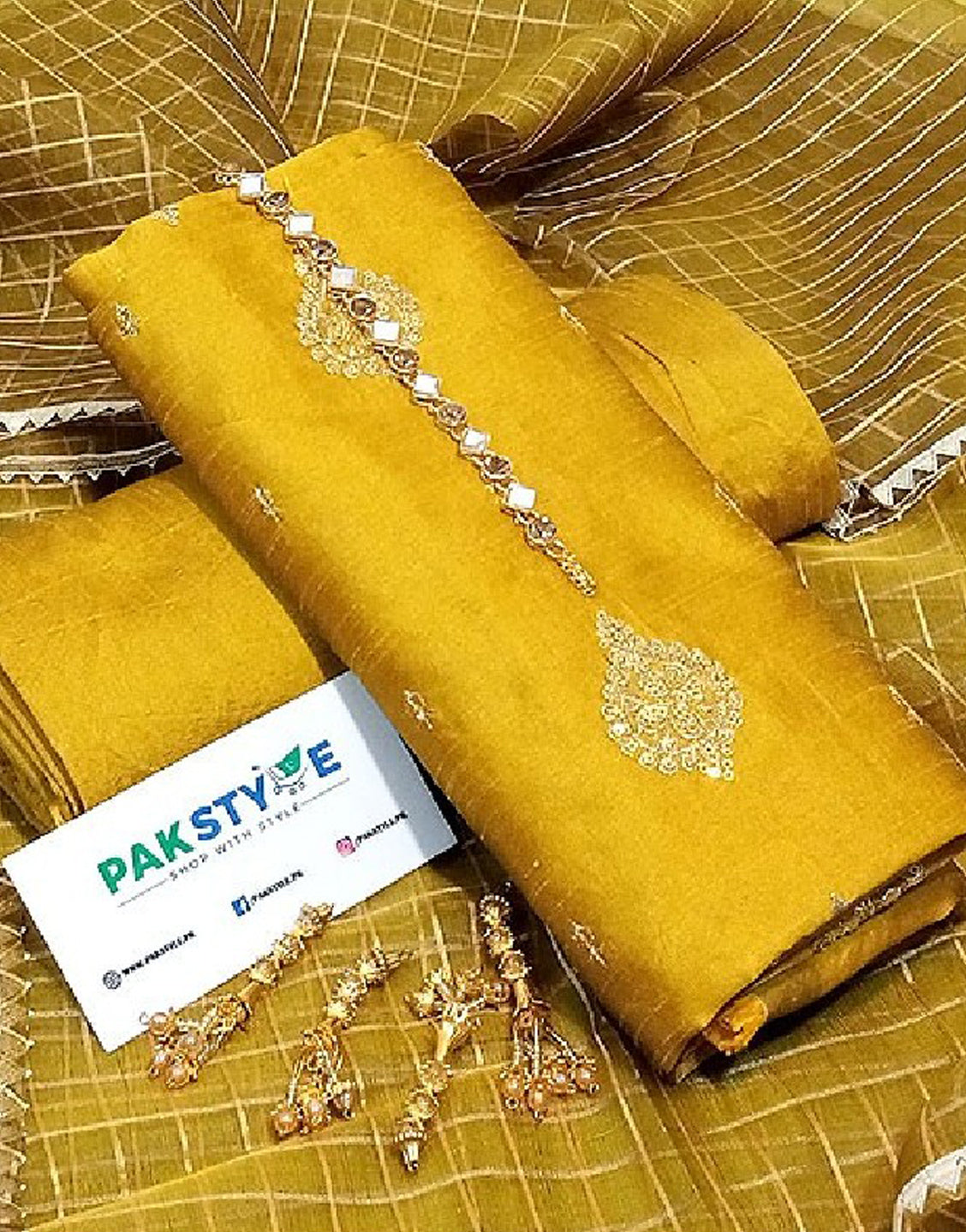 Banarsi Style Embroidered Raw Silk Dress with Organza Check Design Dupatta