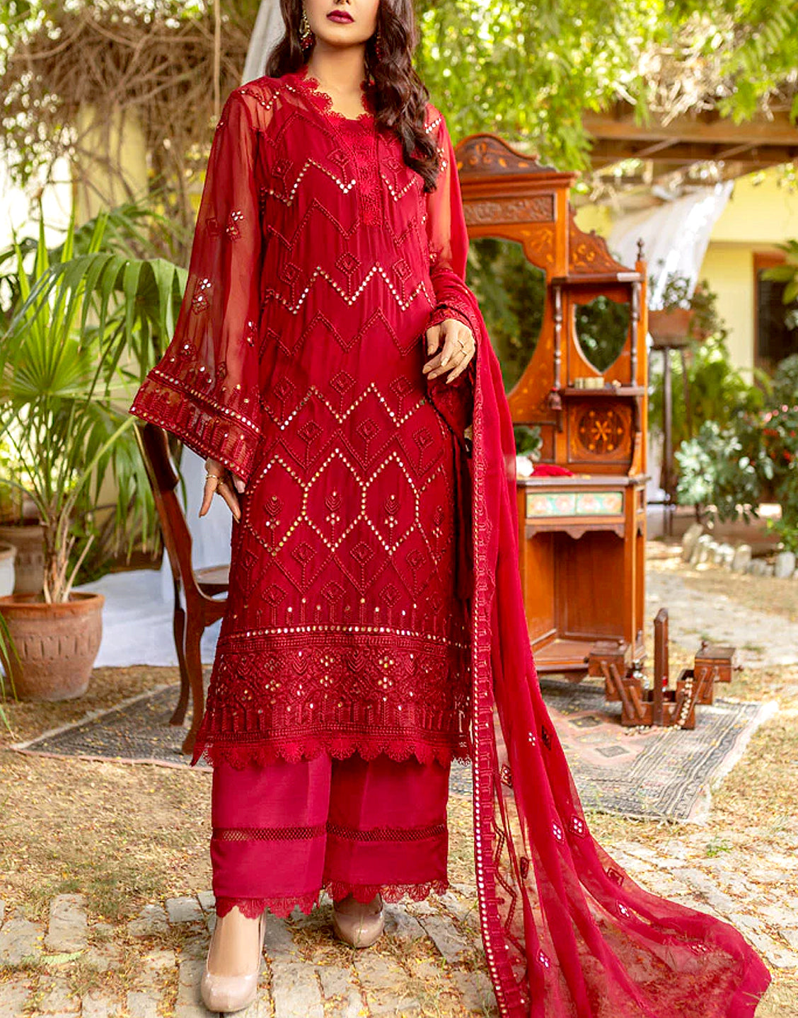 Heavy Embroidered Chiffon Wedding Dress  with Embroidered Chiffon Dupatta