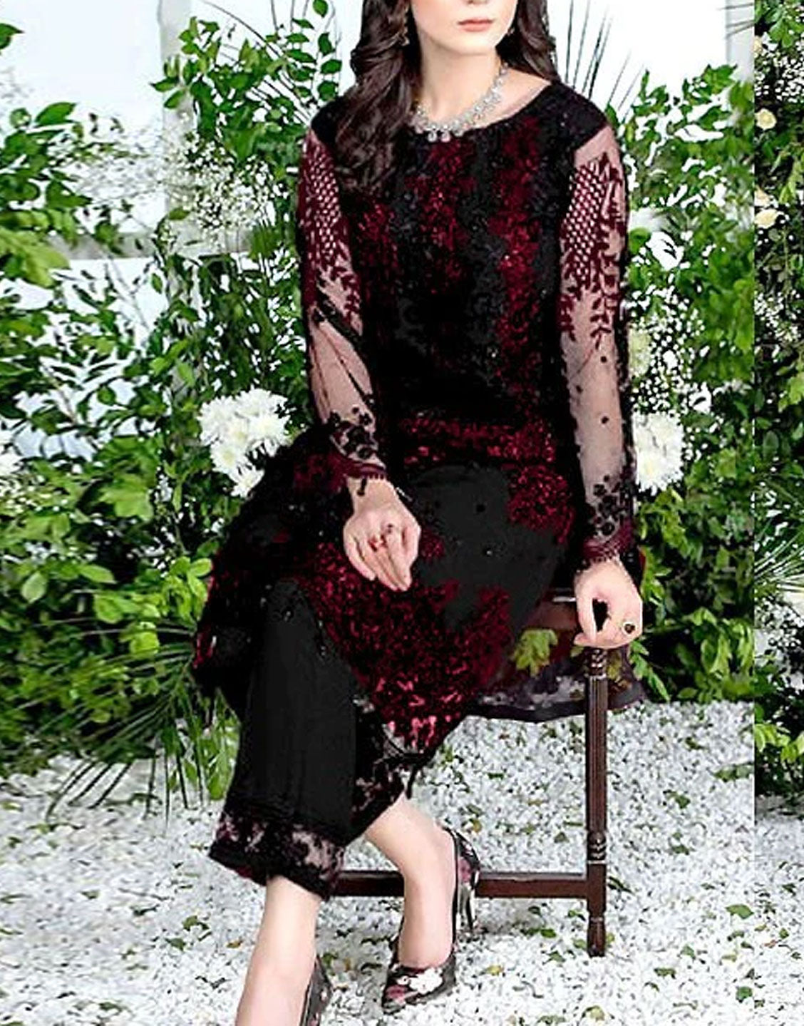 2-Piece Embroidered Fancy Net Party Wear Dress 
