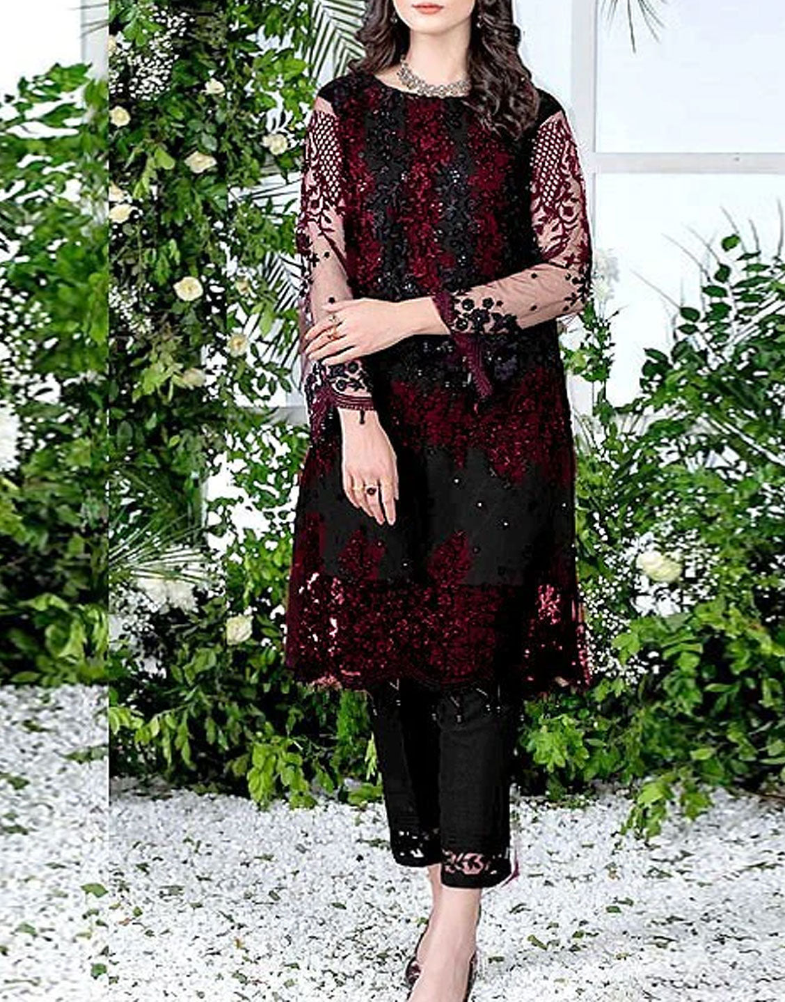 2-Piece Embroidered Fancy Net Party Wear Dress - Out of Stock