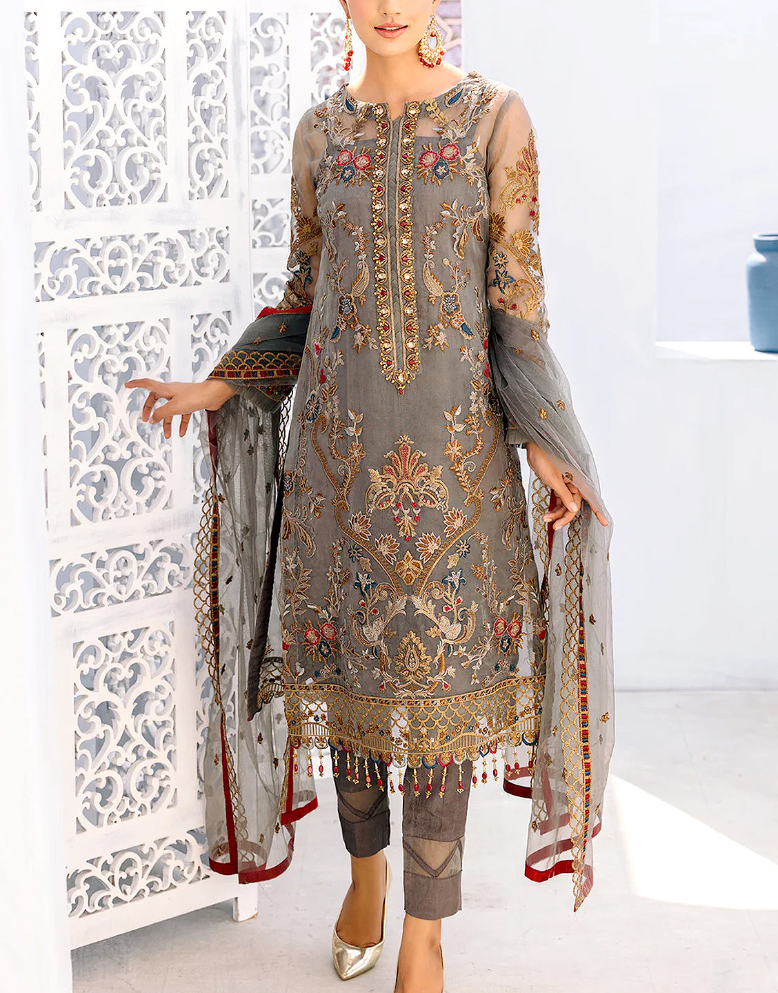 Handwork Embroidered Organza Party Wear Dress with Embroidered Net Dupatta