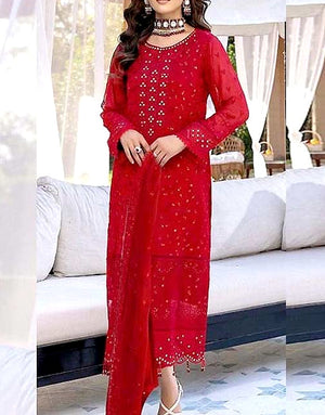 Heavy Embroidered Red Chiffon Party Wear Dress 