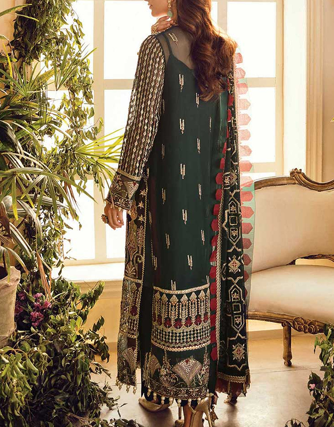 Luxury Heavy Embroidered Green Chiffon Wedding Dress - Out of Stock