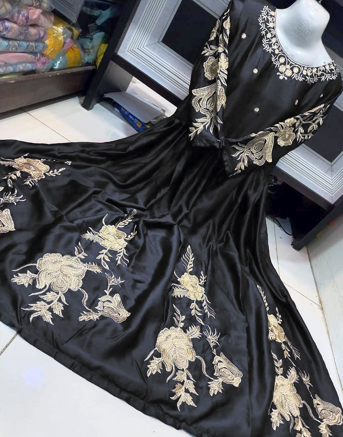 Readymade Embroidered Black Shamoz Silk Maxi