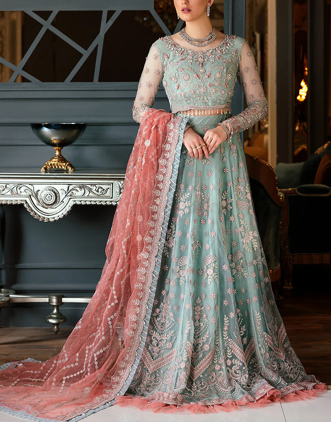 Luxury Heavy Embroidered Net Bridal Lehenga Dress 