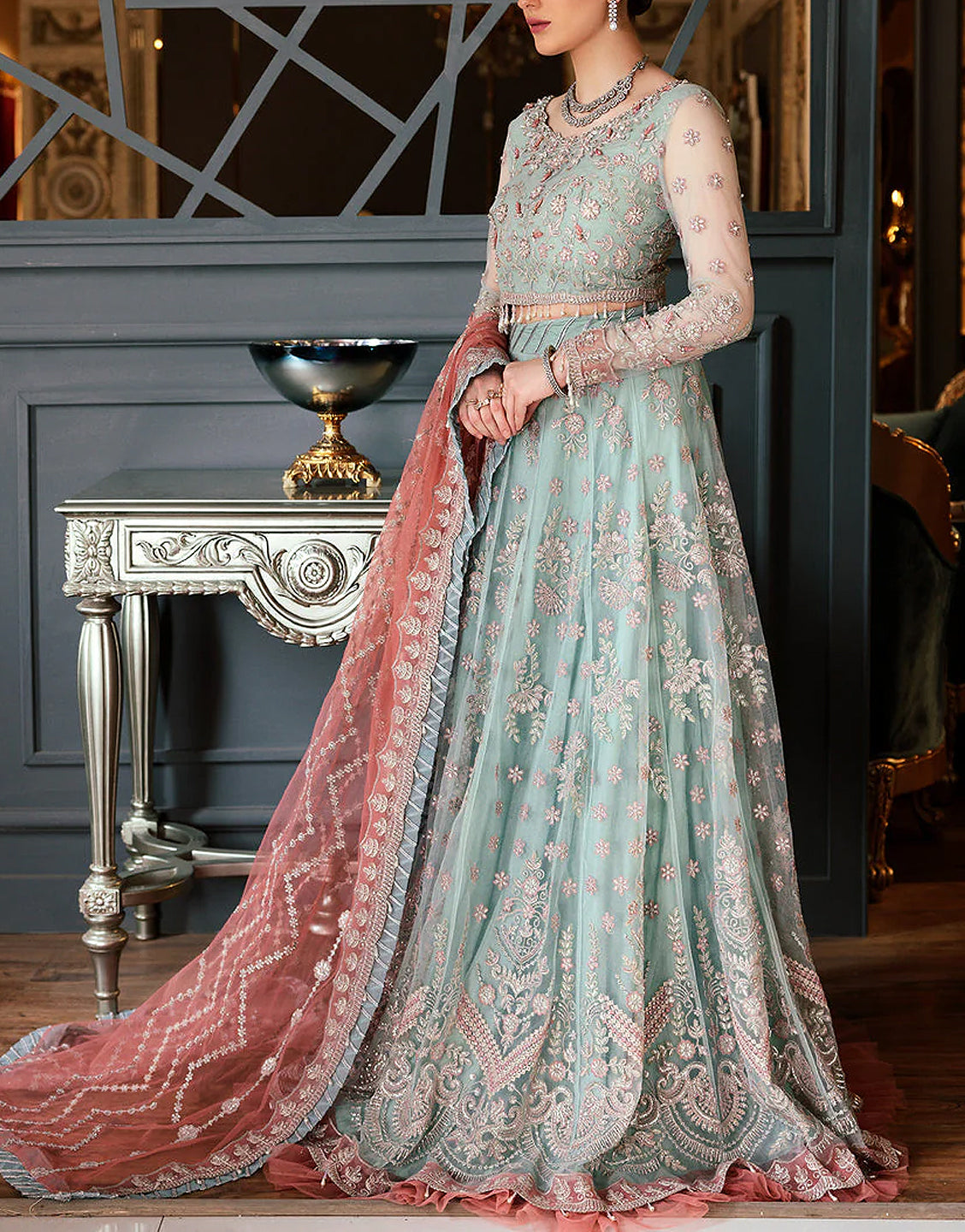 Luxury Heavy Embroidered Net Bridal Lehenga Dress