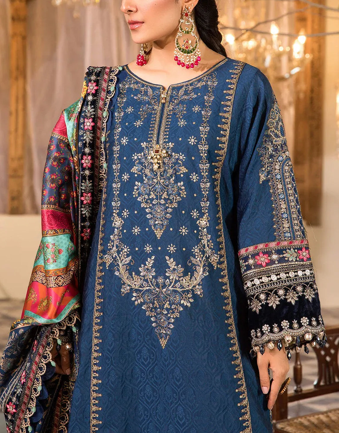 Heavy Embroidered Chiffon Wedding Dress with Jamawar Trouser