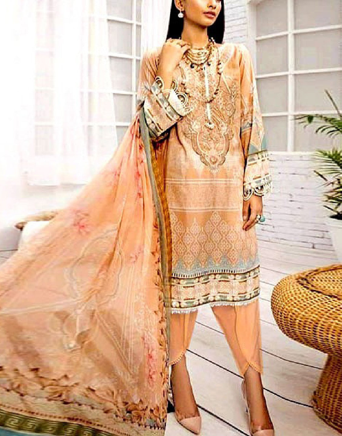 Embroidered Linen Dress 2024 with Wool Shawl Dupatta