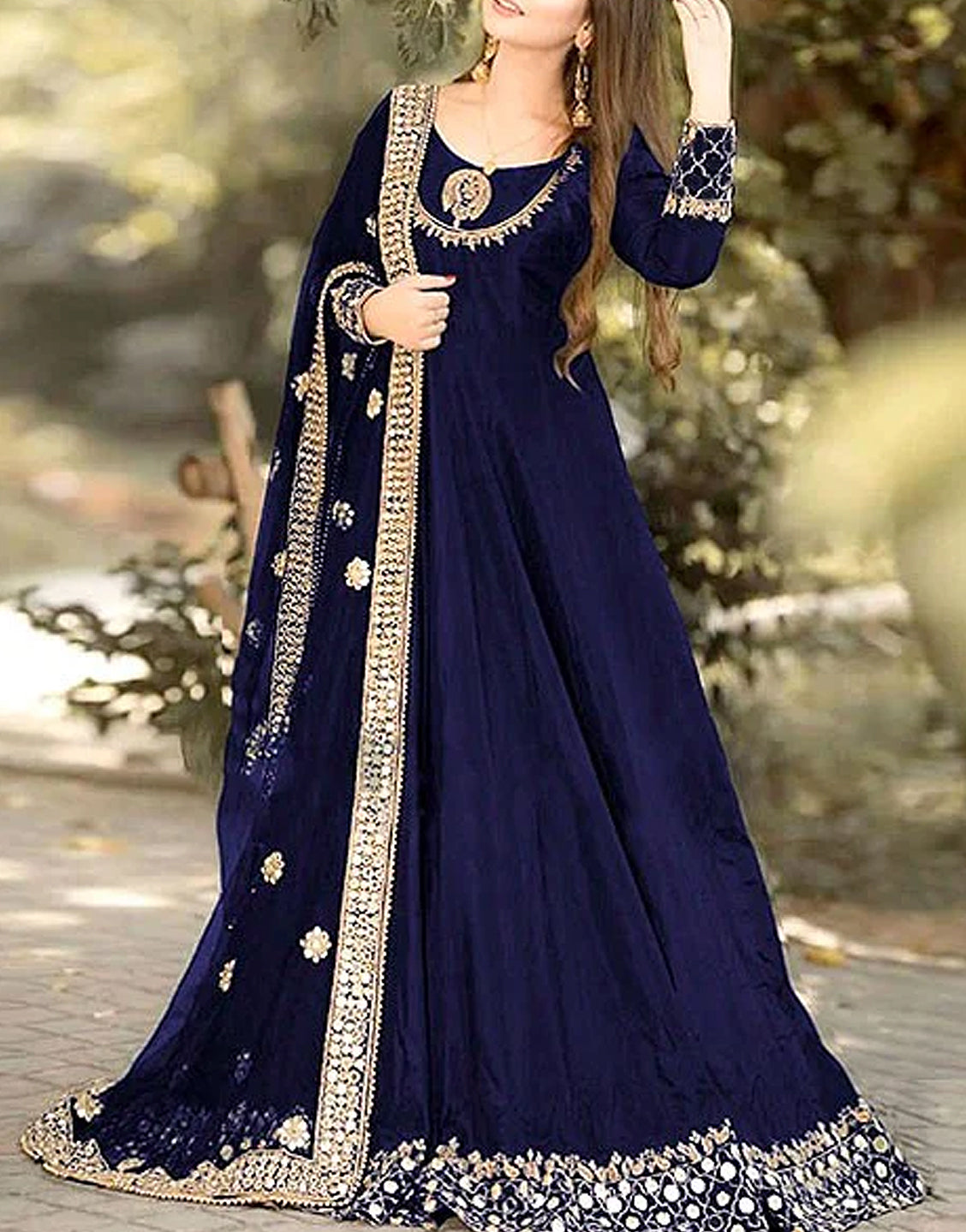 Readymade 3-Piece Mirror Work Embroidered Chiffon Maxi Dress with Chiffon Dupatta