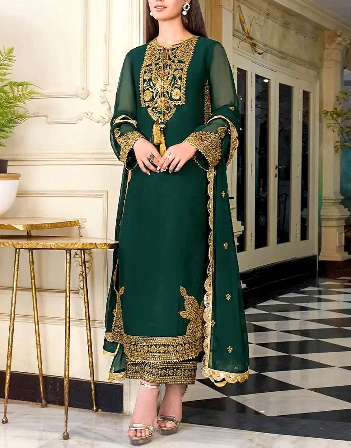 Elegant Embroidered Green Chiffon Party Dress 